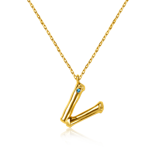 Letter V Pendant Bamboo Initial Necklace Adjustable Chain Length 18k Gold Plated 925 Sterling Silver_1