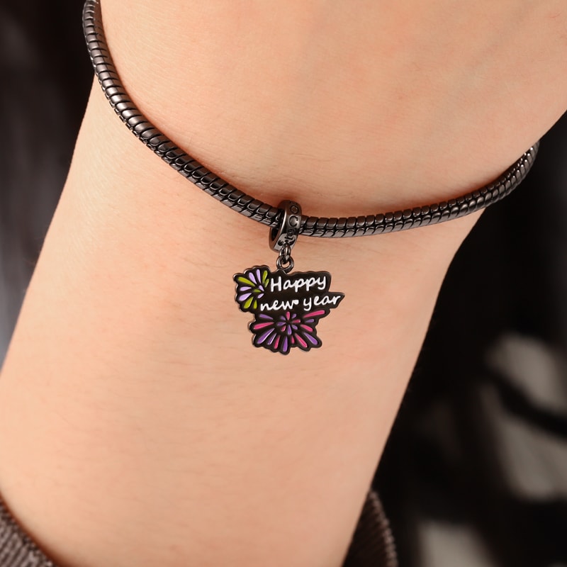 Happy New Year Luminous Personalized Photo Pendant Dangle Charm Sterling Silver Black Plated_4