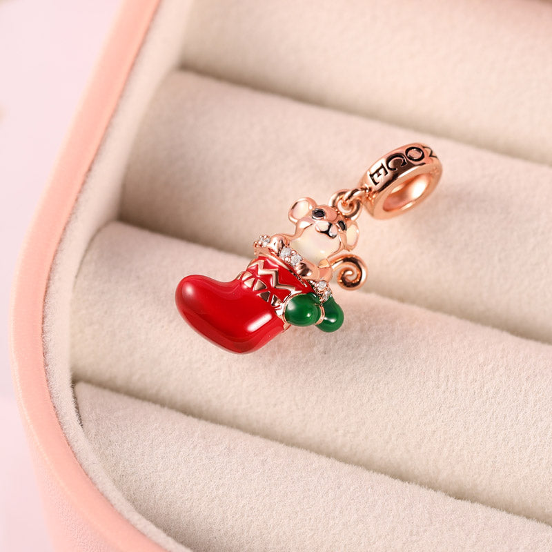 Mouse with Christmas Stocking Pendant Dangle Charm Sterling Silver 18k Rose Gold Plated for Christmas_2