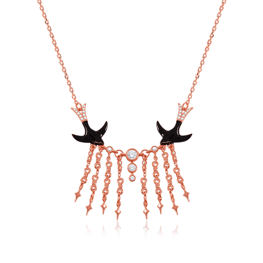 Swallows in the Starry Sky Necklace Sterling Silver 18k Rose Gold Plated Paved with Stones_1