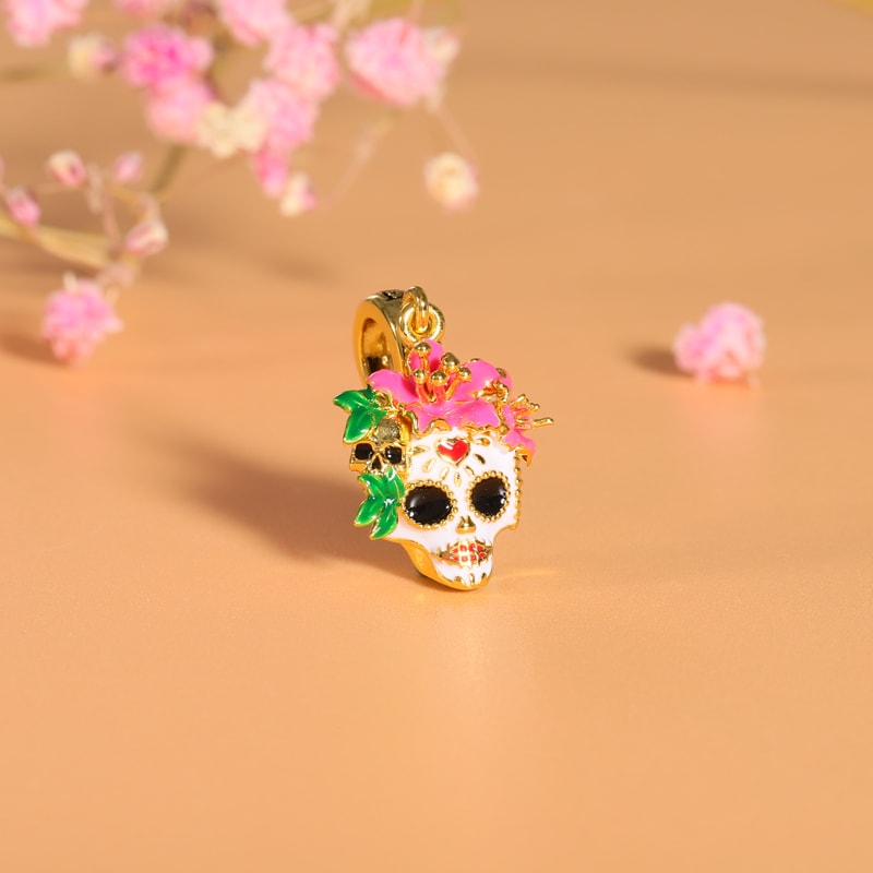Mexican Woman Skull Pendant Dangle Charm Sterling Silver 18k Gold Plated_2