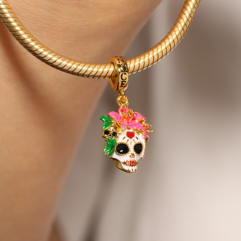 Mexican Woman Skull Pendant Dangle Charm Sterling Silver 18k Gold Plated_3
