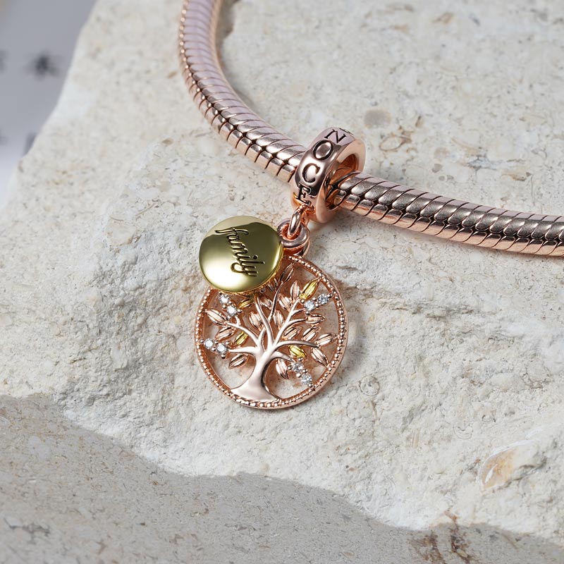 Family Tree Pendant Dangle Charm Sterling Silver 18k Gold and Rose Gold Plated inlaid with Stones_2