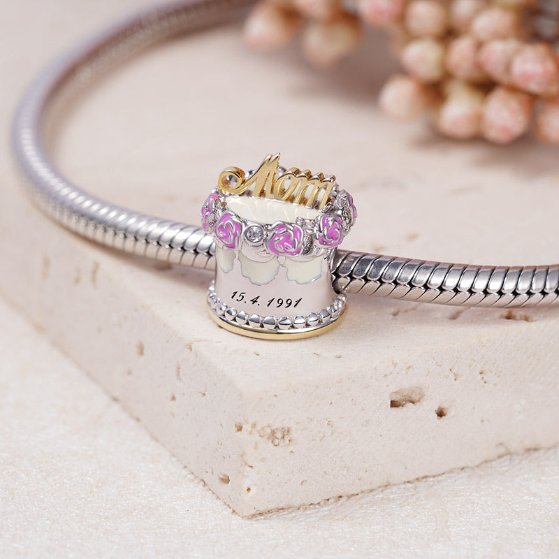 Mom's Birthday Cake Personalized Date Charm Bead 925 Sterling Silver 18k Gold Plated Mother's Day Gift_3
