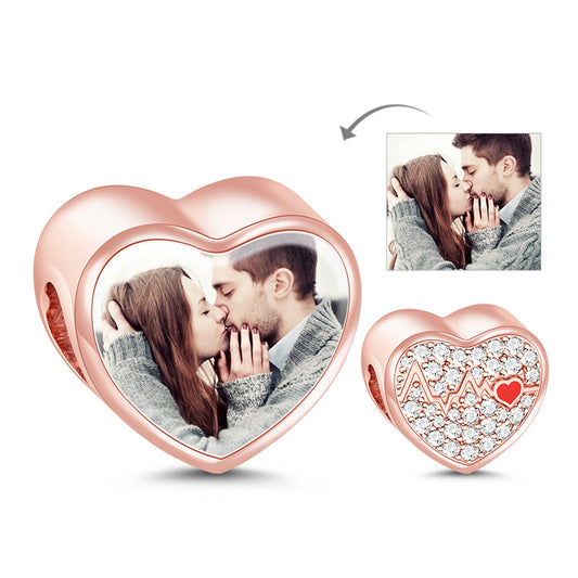 Gnoce "Beating Heart" 925 Sterling Silver 18k Rose Gold Plated with Cubic Zirconia Photo Charm Fit Pandora Bracelet_1