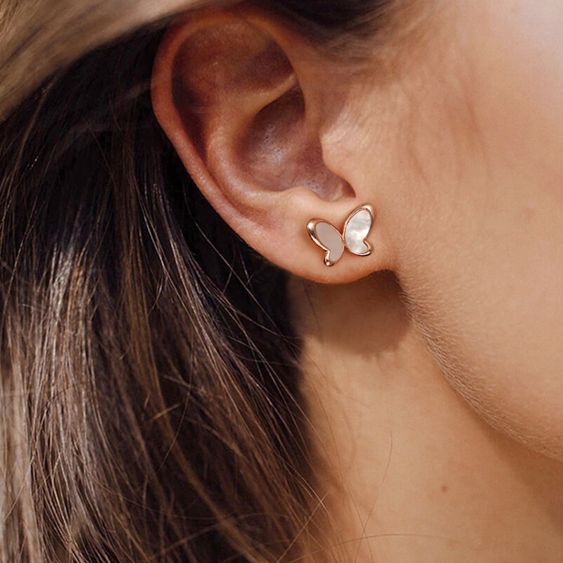 White Fritillary Butterfly Stud Earring with 18k Rose Gold Plated Sterling Silver_3