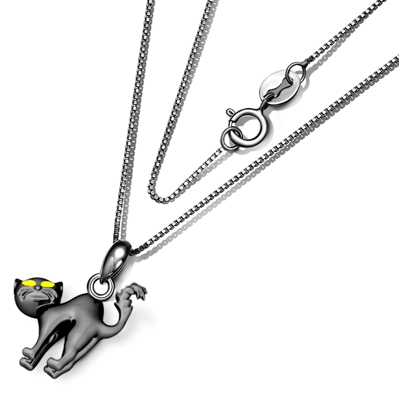 Gnoce Enjoy Life Naughty Black Cat with Yellow Stone Eyes Necklace